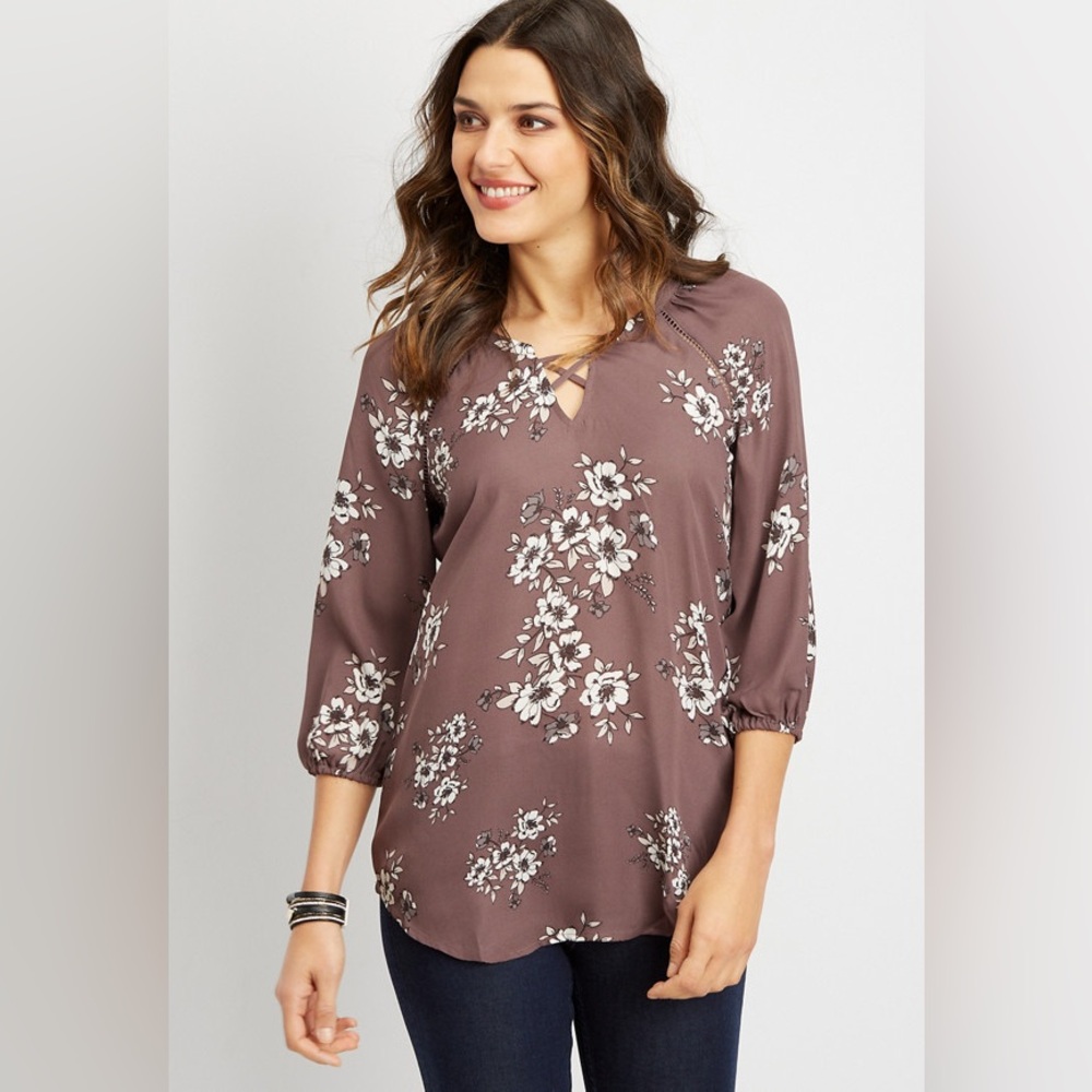 Maurices floral print lattice tunic blouse Size 3